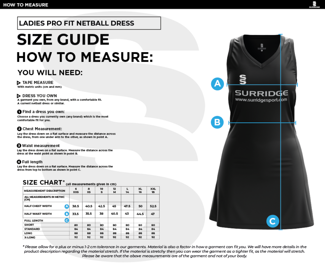 LJMU - Netball Dress - Size Guide