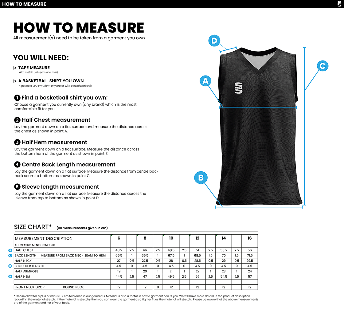 LJMU - Basketball Vest - Women's Fit - Size Guide