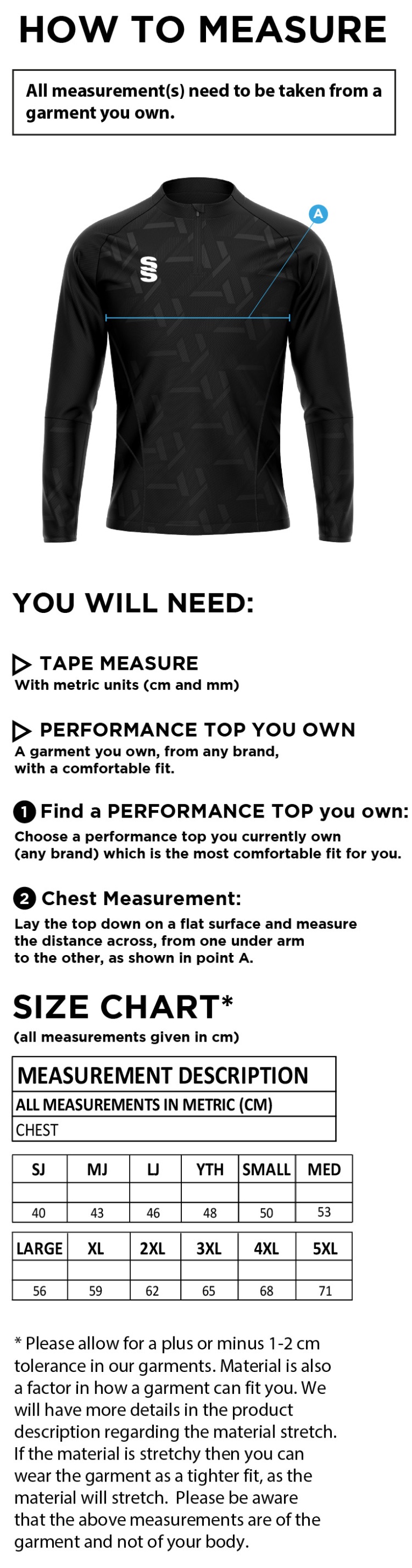 Team LJMU - Impact 1/4 Zip Performance Top - Size Guide