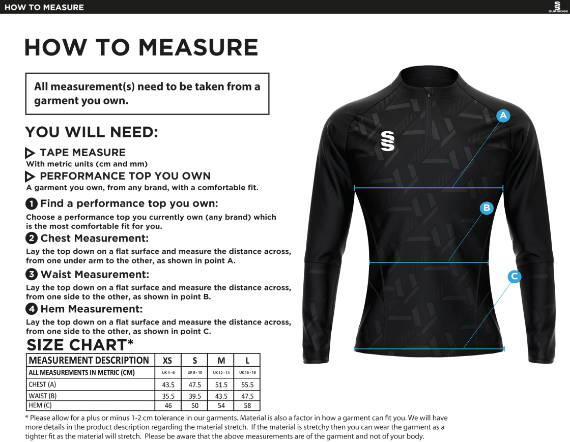 Team LJMU - Impact 1/4 Zip Performance Top - Women's Fit - Size Guide