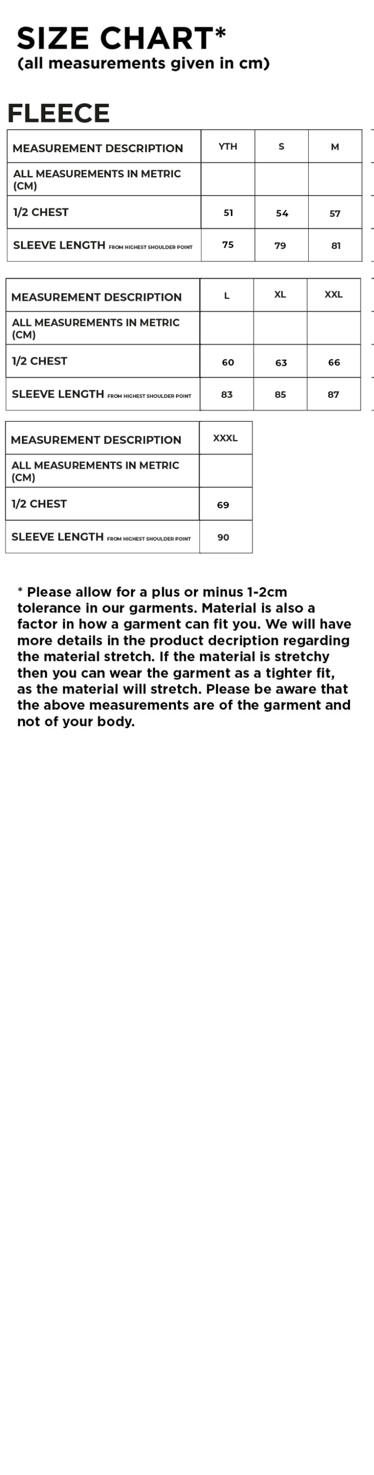 LJMU - Fleece - Size Guide