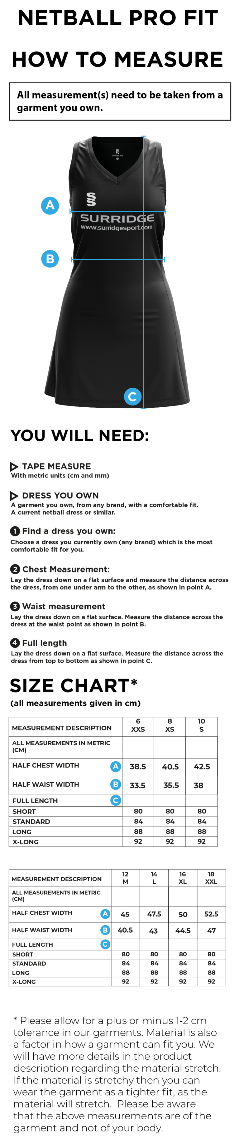 LJMU - Netball Dress - Size Guide