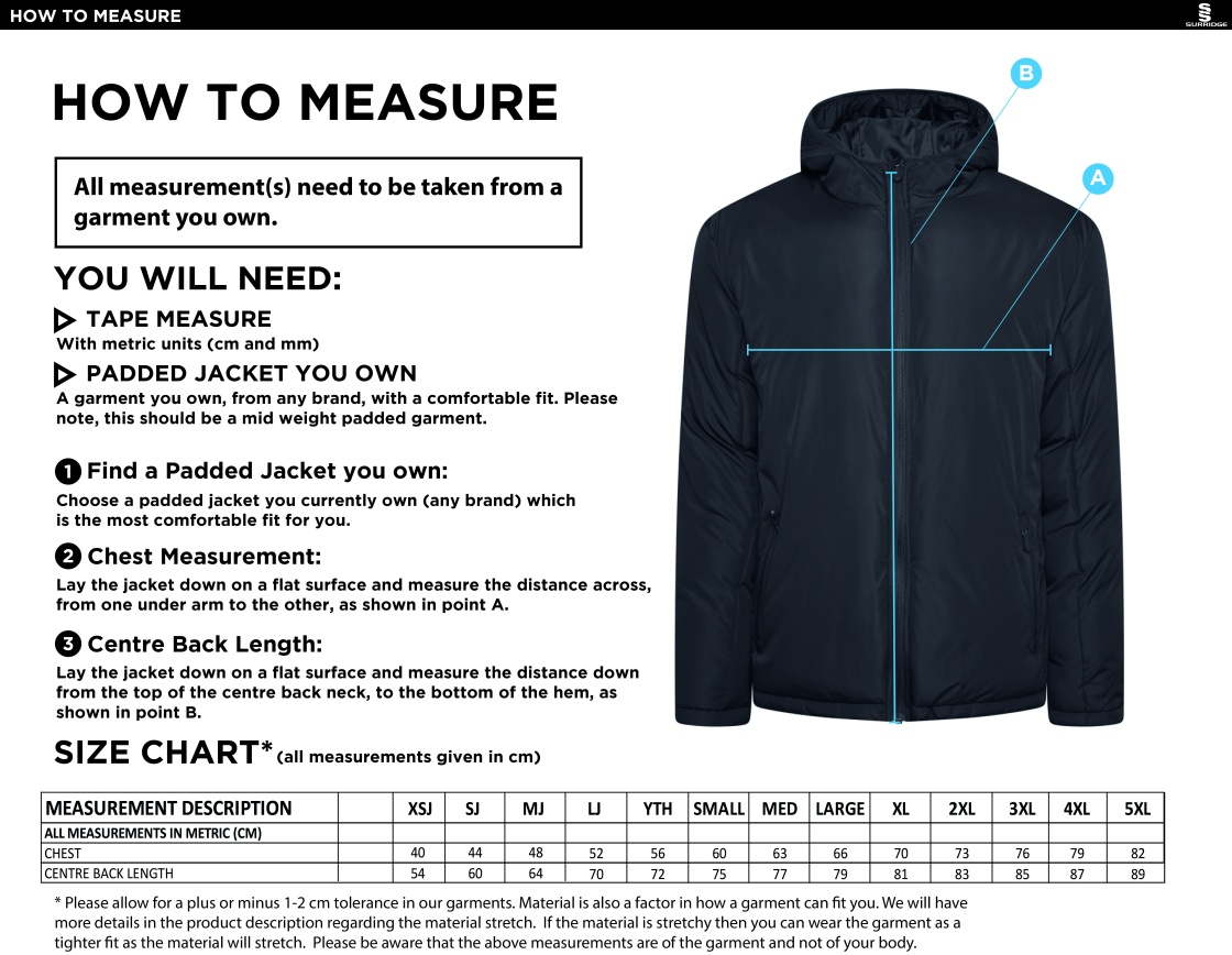 LJMU Sport & Exercise Science - Ct Padded Jacket : Navy - Size Guide