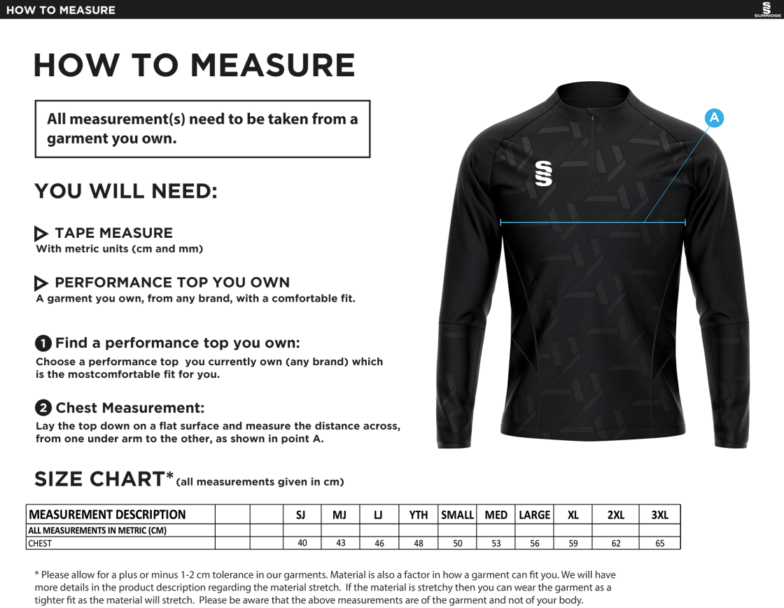 Team LJMU - Impact 1/4 Zip Performance Top - Size Guide