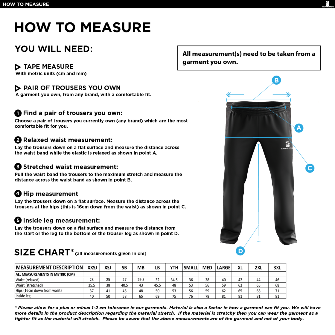 Team LJMU - Poplin Track Pant : Navy - Size Guide