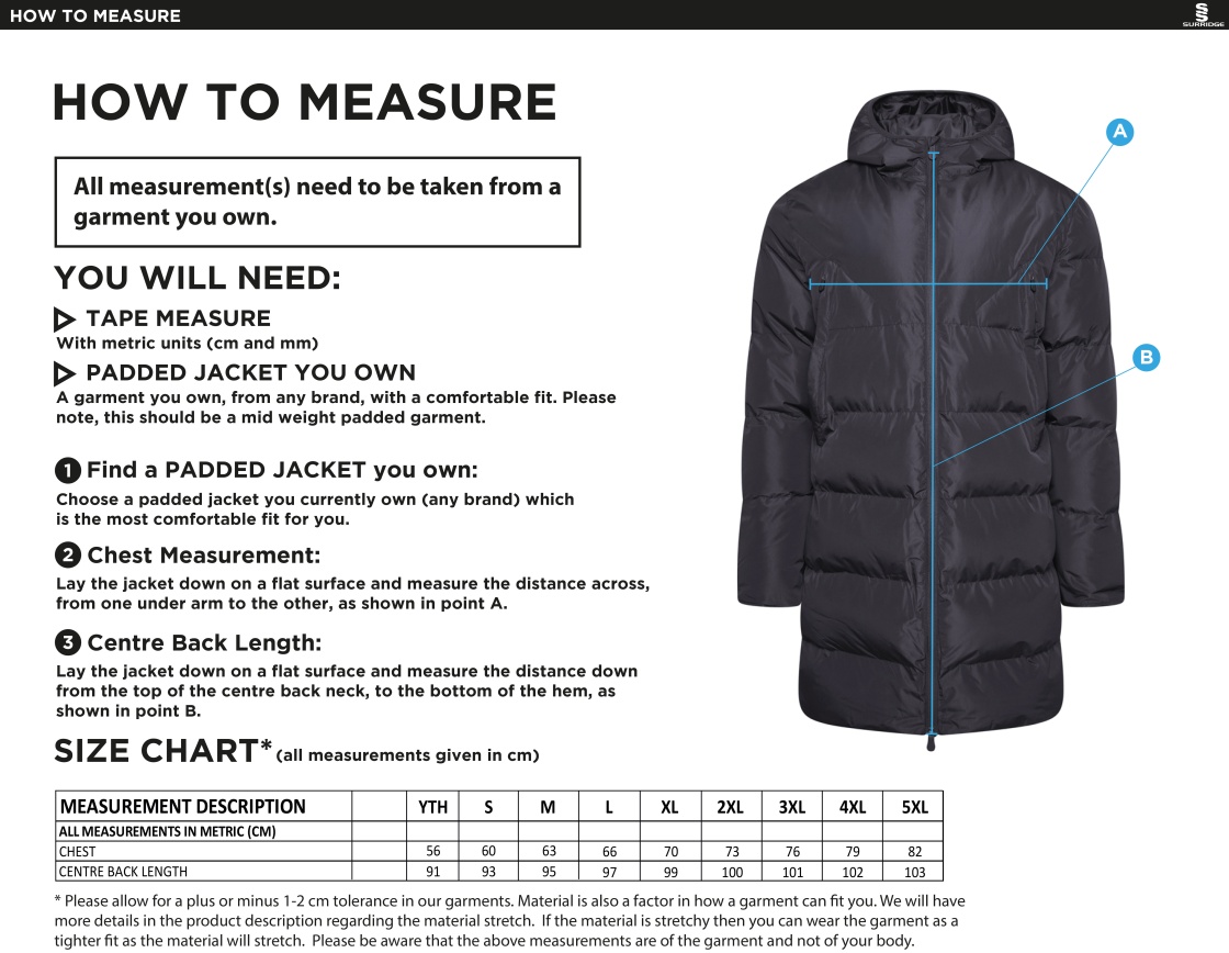 Team LJMU - ACTIVE LONG PADDED JACKETS - Size Guide