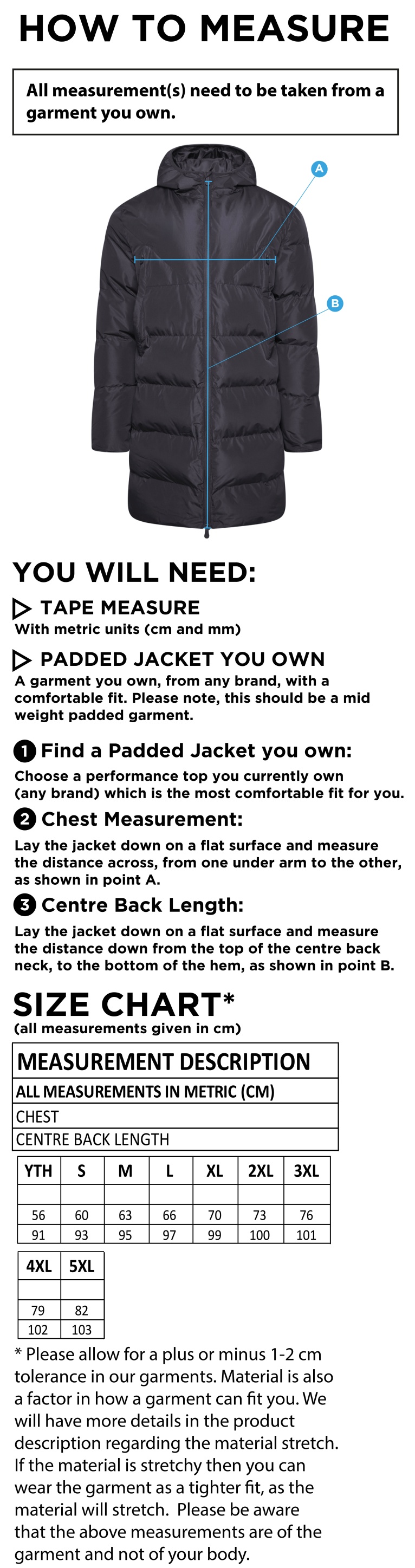 Team LJMU - ACTIVE LONG PADDED JACKETS - Size Guide